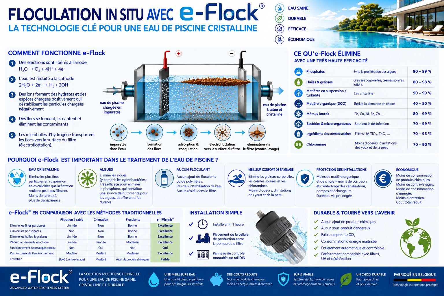 Schéma e-Flock pour traitement d’eau de piscine, avec diagramme électroflottation et tableau des résultats.